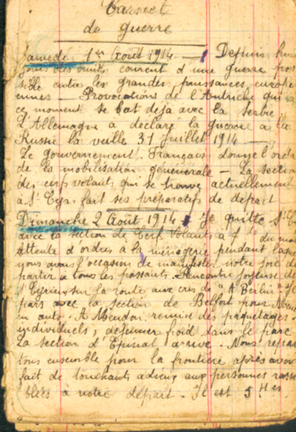Première page des carnets de guerre de Félix Peaucou.